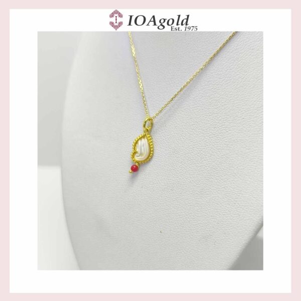 Gold pendant 14k with mother of pearl- Angel wing with coral bead