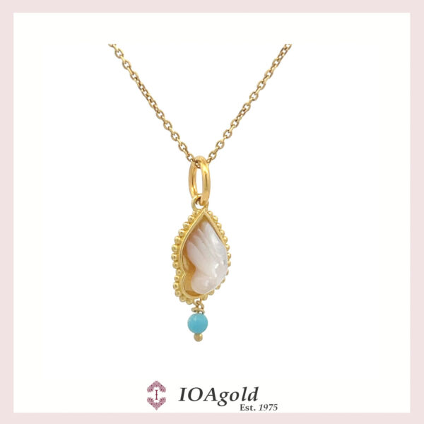 Angel wing gold pendant – mother of pearl and turquoise stone