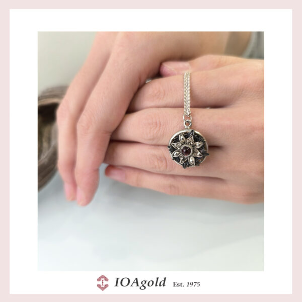 Silver necklace -Flower red stone