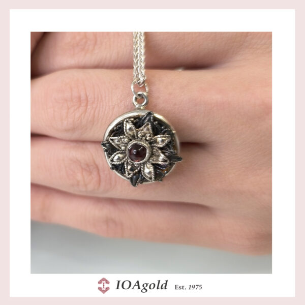 Silver necklace -Flower red stone