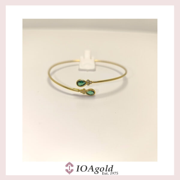 Gold 14k bracelet cuff  Green and white zirconia stones