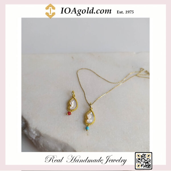 Gold pendant 14k with mother of pearl- Angel wing with turquoise bead